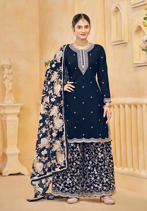 Navy Blue Embroidery Silk Kurta Set