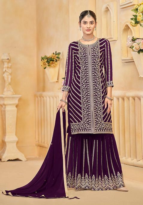 Wine Embroidery Georgette Kurta Set