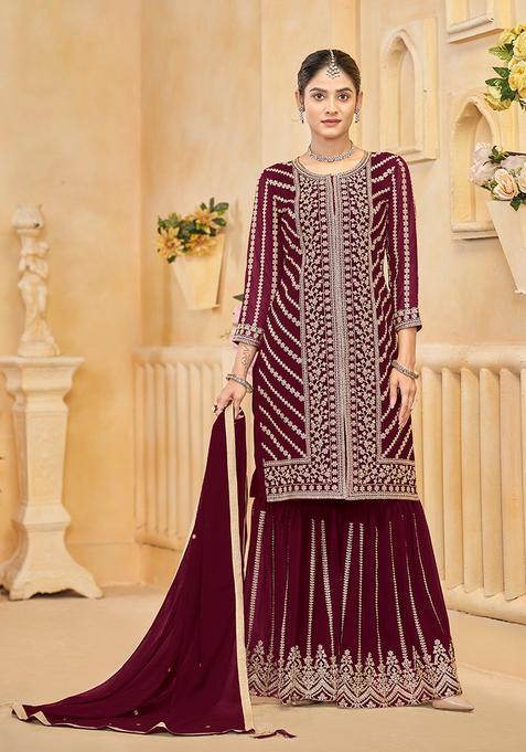 maroon Embroidery Georgette Kurta Set
