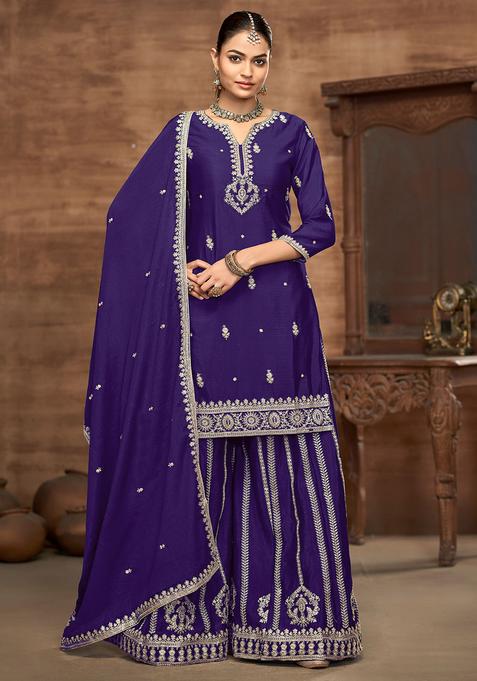 Violet Embroidery Silk Kurta Set
