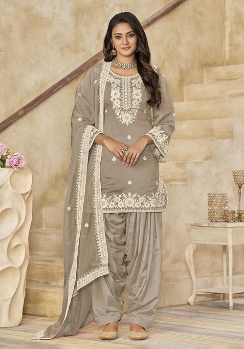 Beige Embroidery Silk Kurta Set