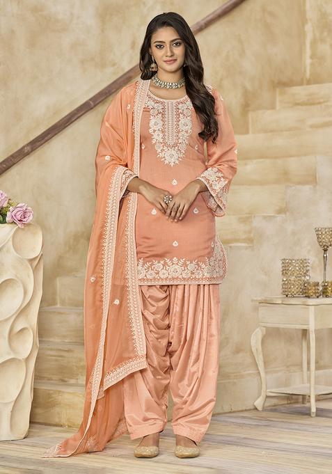 Peach Embroidery Silk Kurta Set