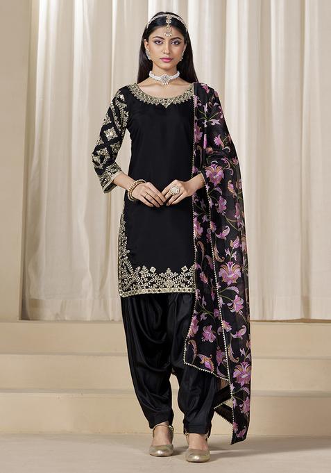Black Embroidery Silk Kurta Set