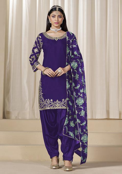 Purple Embroidery Silk Kurta Set