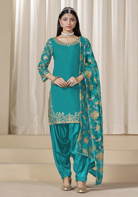 Teal Blue Embroidery Silk Kurta Set