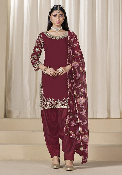 Maroon Embroidery Silk Kurta Set