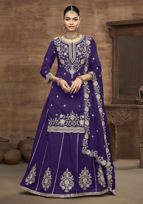 Purple Embroidery Silk Kurta Set