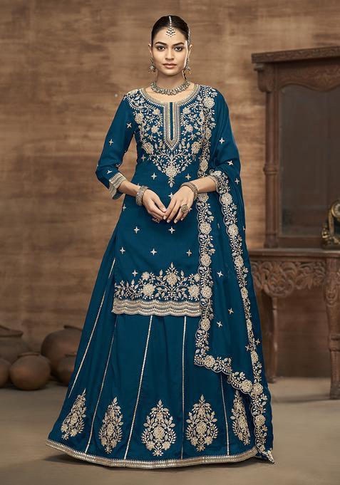 Teal Blue Embroidery Silk Kurta Set