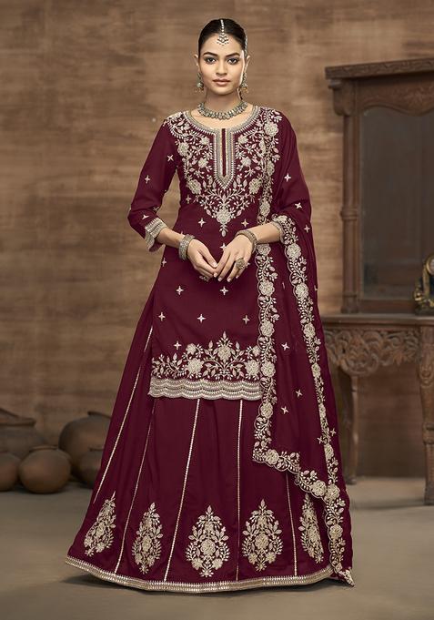 maroon Embroidery Silk Kurta Set