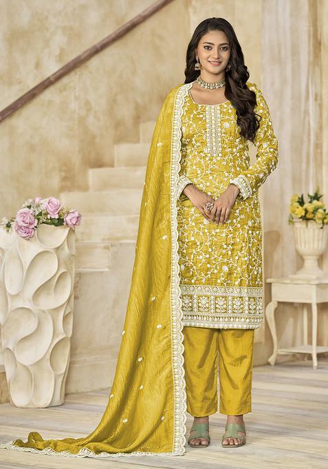 Mustard Embroidery Organza Kurta Set