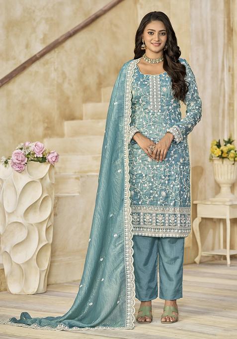 Sea Green Embroidery Organza Kurta Set