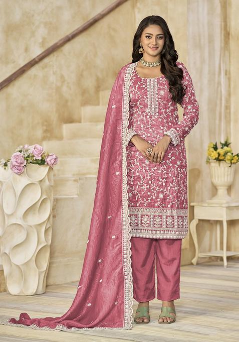 Pink Embroidery Organza Kurta Set
