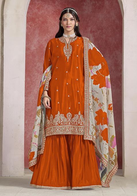 Orange Embroidery Silk Kurta Set