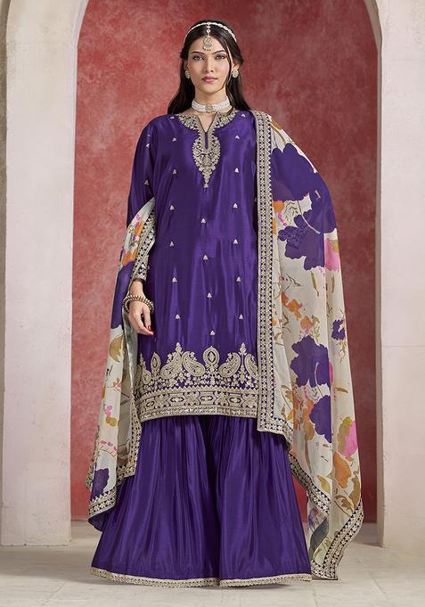 Purple Embroidery Silk Kurta Set