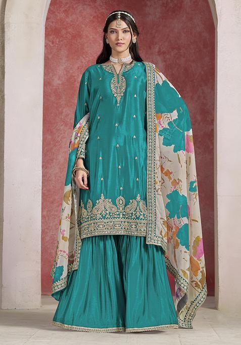 Teal Blue Embroidery Silk Kurta Set