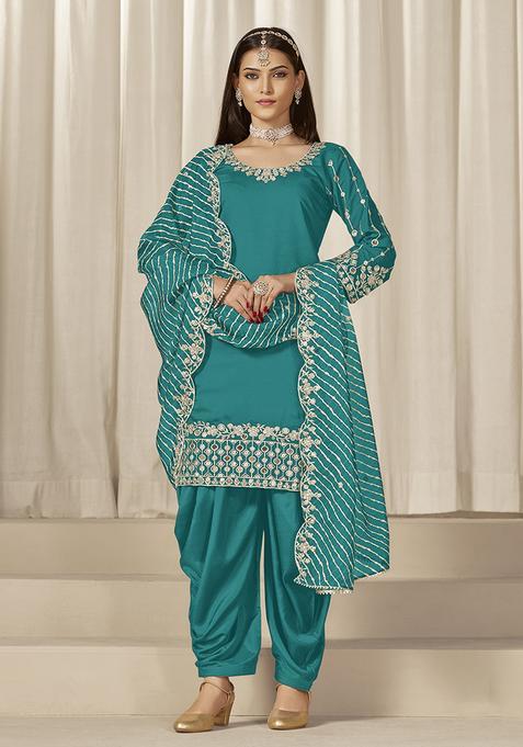Teal Embroidery Organza Kurta Set