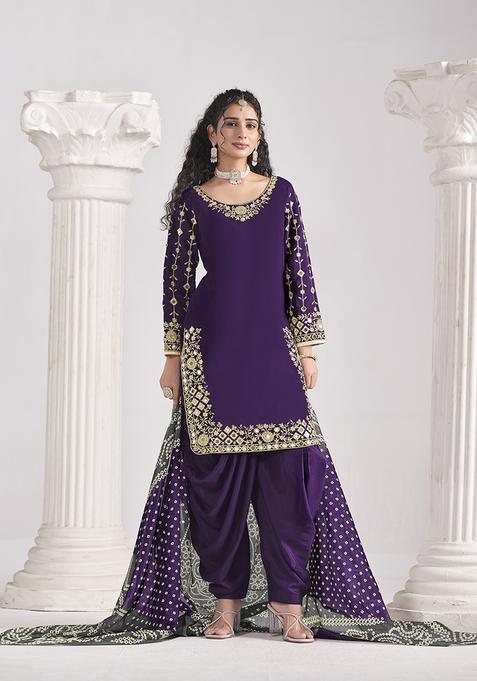 Purple Embroidery Silk Kurta Set