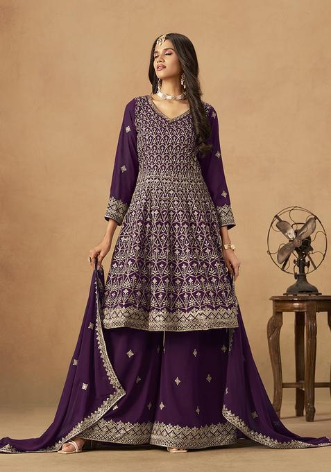 Purple Embroidery Georgette Kurta Set