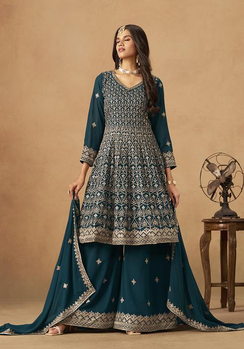 Teal Blue Embroidery Georgette Kurta Set