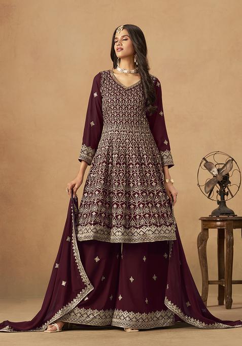 maroon Embroidery Georgette Kurta Set
