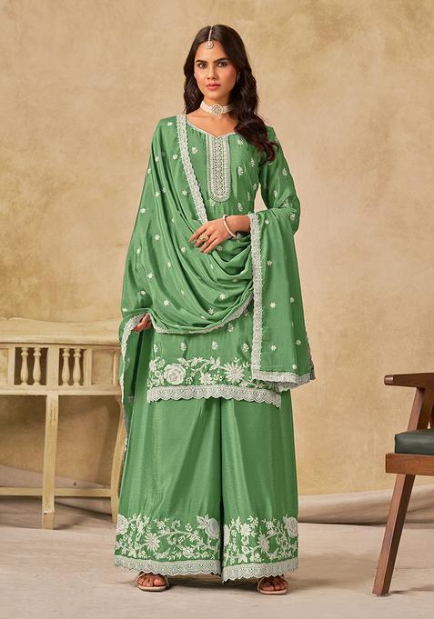 Green Embroidery Silk Kurta Set