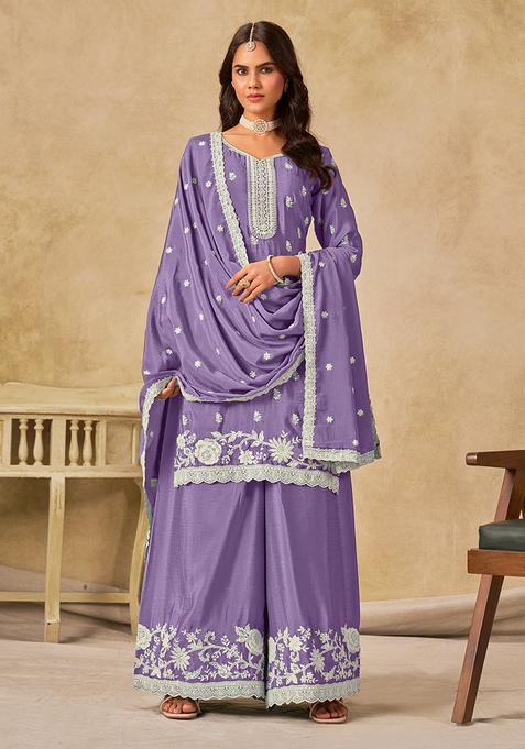 Lavender Embroidery Silk Kurta Set