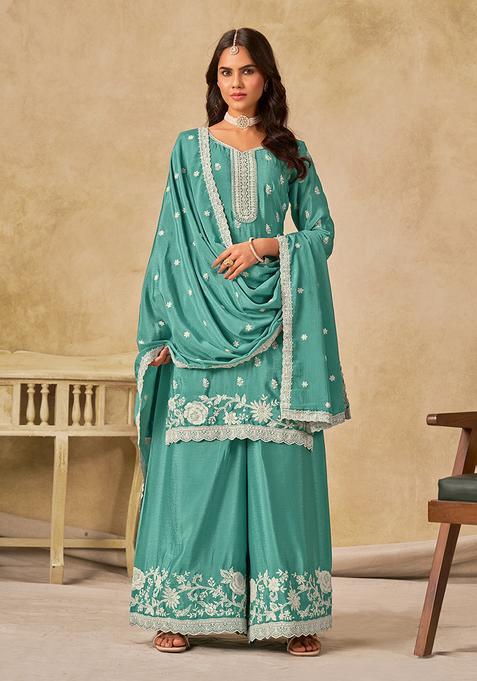 Sea Green Embroidery Silk Kurta Set
