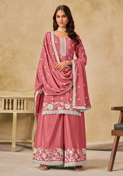 Pink Embroidery Silk Kurta Set