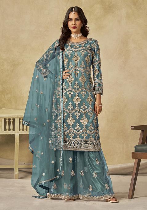 Teal Embroidery Net Kurta Set