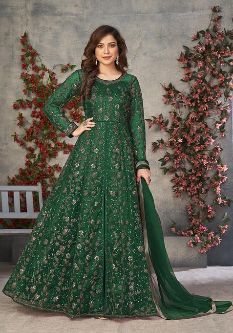 Green Embroidery Net Kurta Set