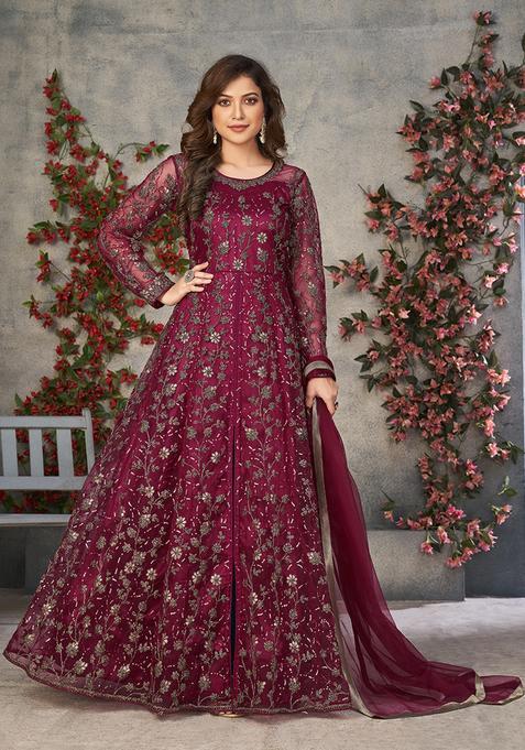 Pink Embroidery Net Kurta Set