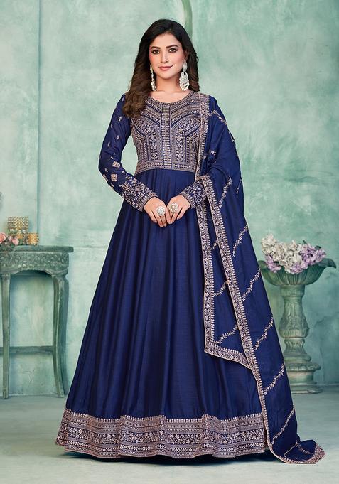 Blue Embroidery Silk Kurta Set