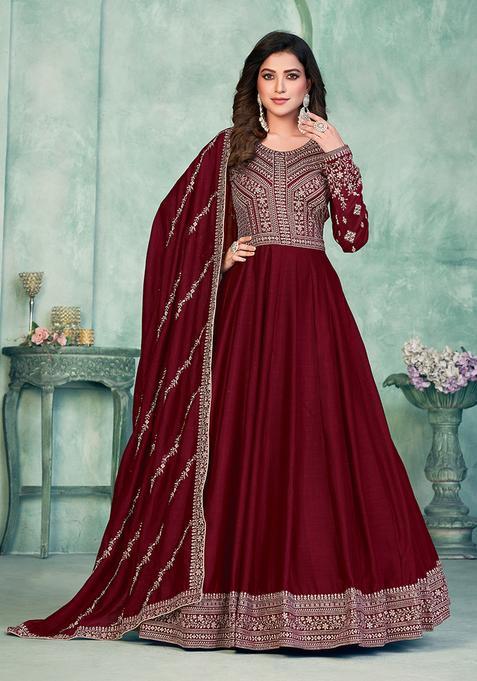 maroon Embroidery Silk Kurta Set