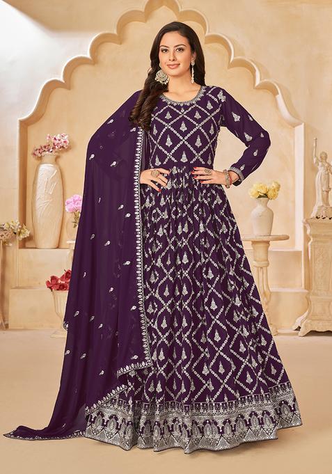 Purple Embroidery Georgette Kurta Set