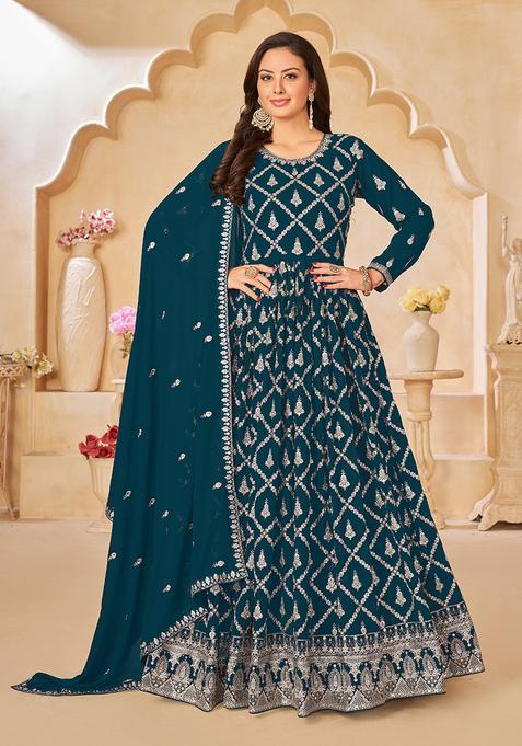 Aqua Blue Embroidery Georgette Kurta Set