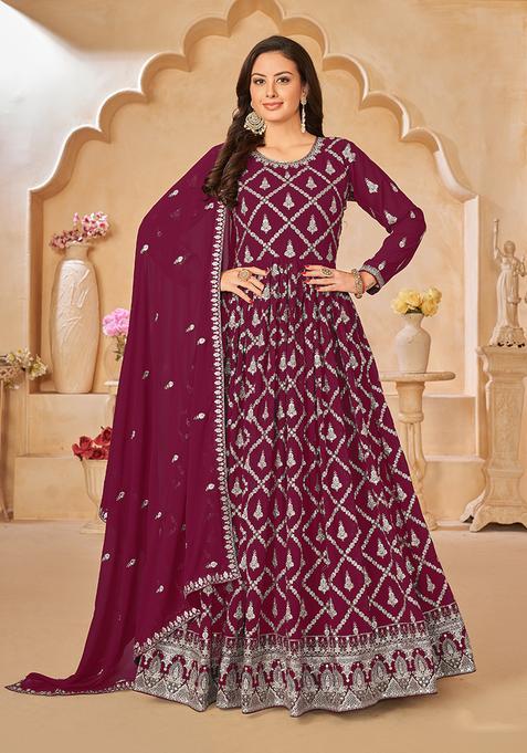 maroon Embroidery Georgette Kurta Set