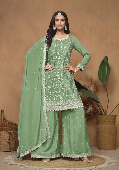 Green Embroidery Silk Kurta Set