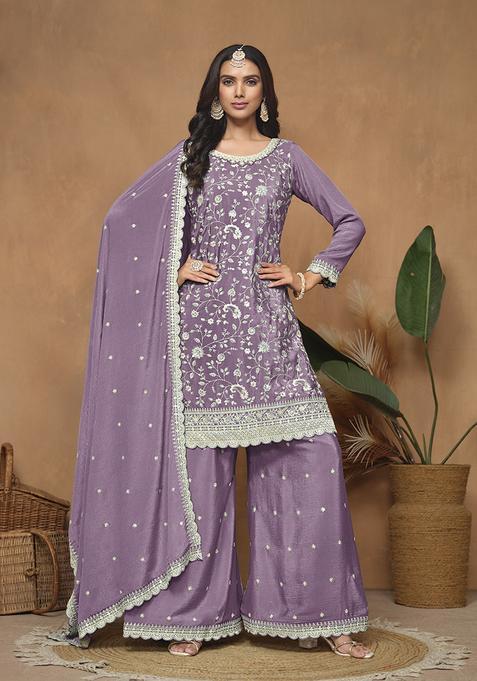 Purple Embroidery Silk Kurta Set