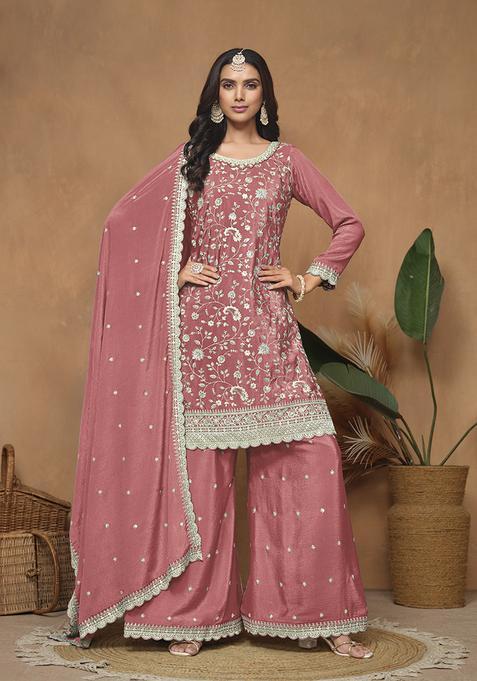 Peach Embroidery Silk Kurta Set