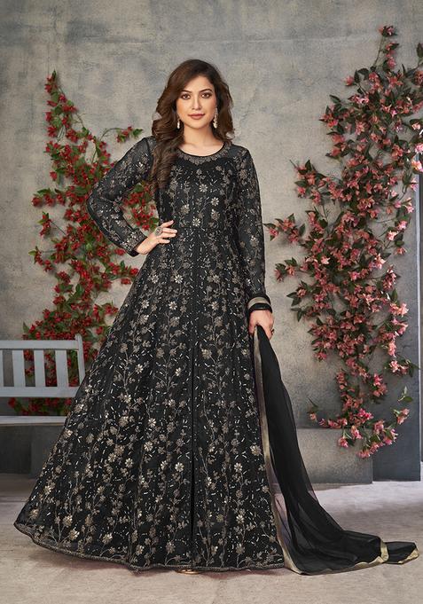 Black Embroidery Net Kurta Set