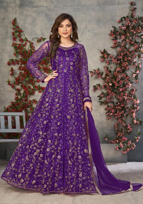 Purple Embroidery Net Kurta Set