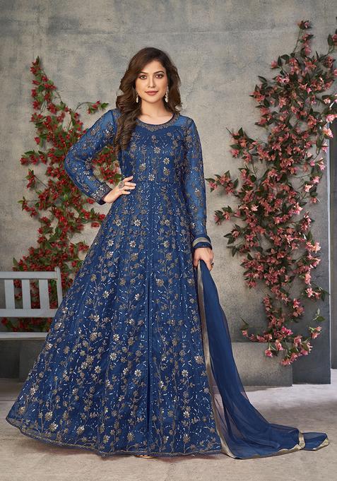 Blue Embroidery Net Kurta Set