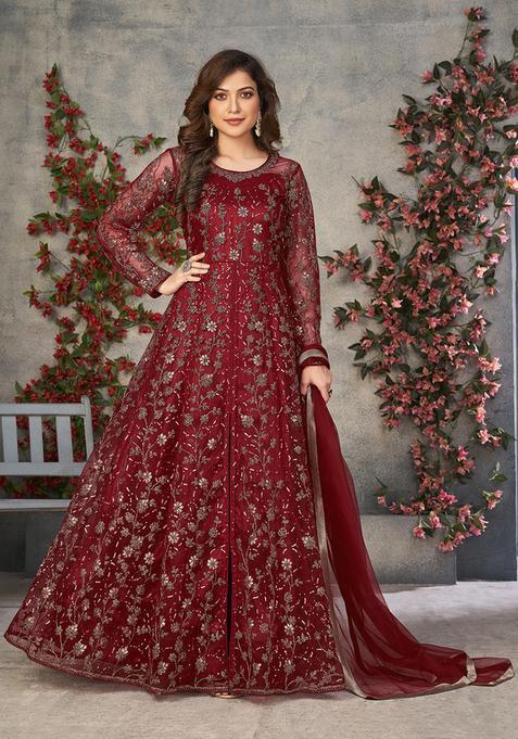 Red Embroidery Net Kurta Set