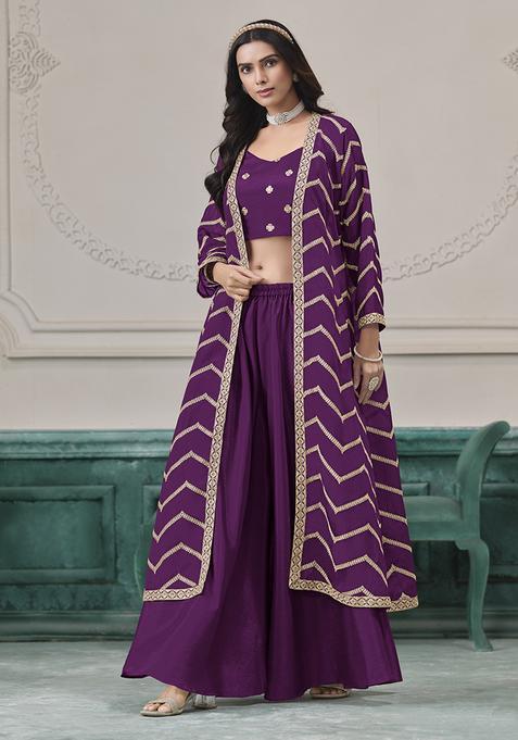 Purple Embroidery Silk Kurta Set