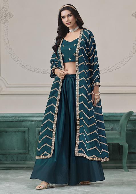 Teal Embroidery Silk Kurta Set