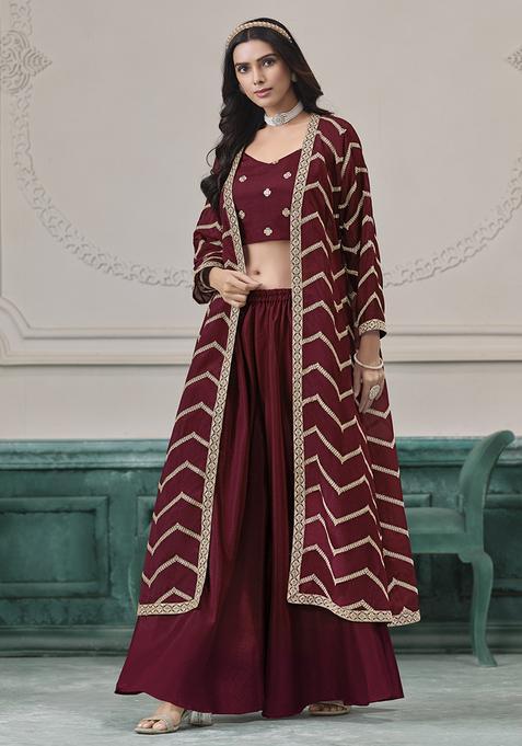 maroon Embroidery Silk Kurta Set