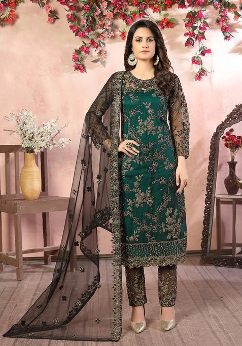 Green Embroidery Net Kurta Set