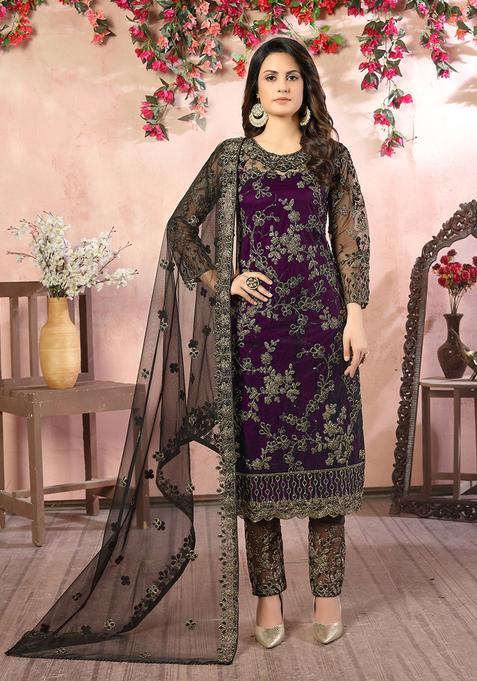 Purple Embroidery Net Kurta Set