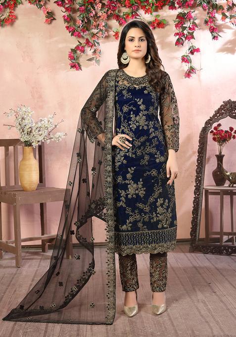 Blue Embroidery Net Kurta Set