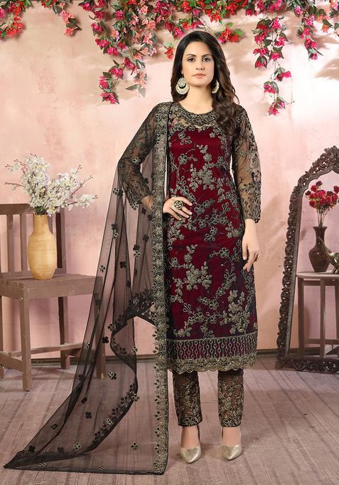 maroon Embroidery Net Kurta Set